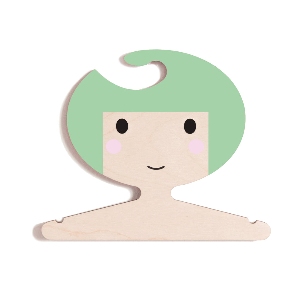 Girl's face design - wooden clothes hanger for kids room - minty green hair 