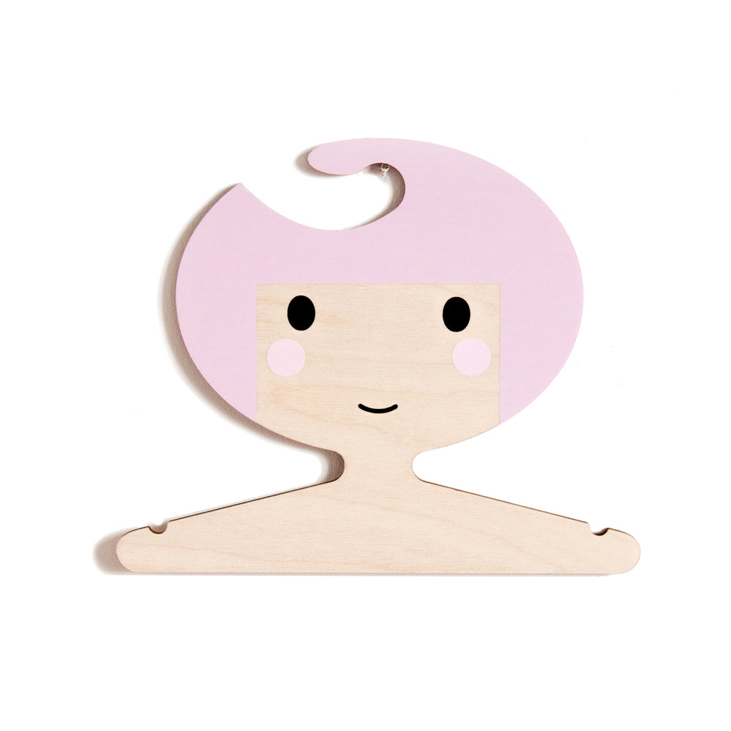 Children's wooden clothes hanger  - pink hair and girls face