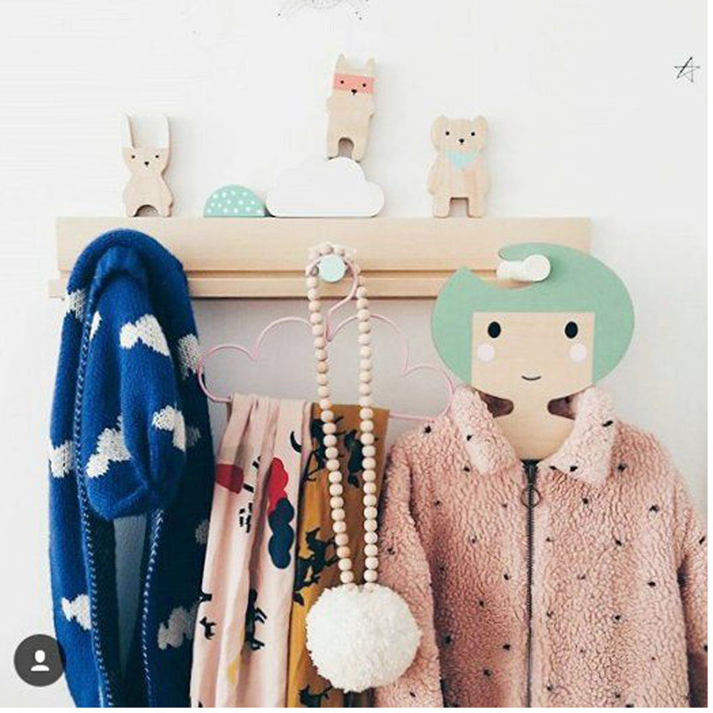 Childrens' Wooden Clothes Hanger - Girl's Face design - Green Hair