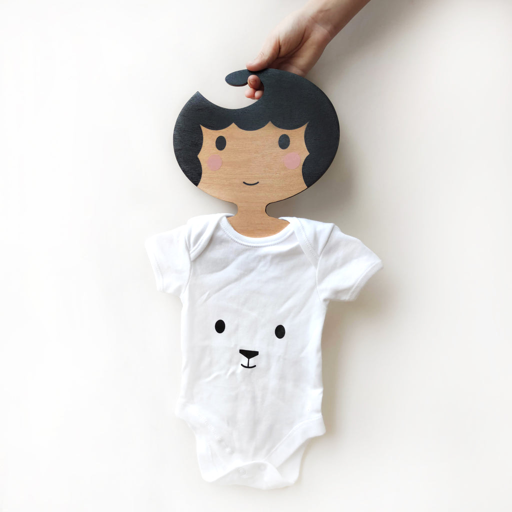 Childrens' Wooden Clothes Hanger - Girls' Face design - Black scalloped Hair