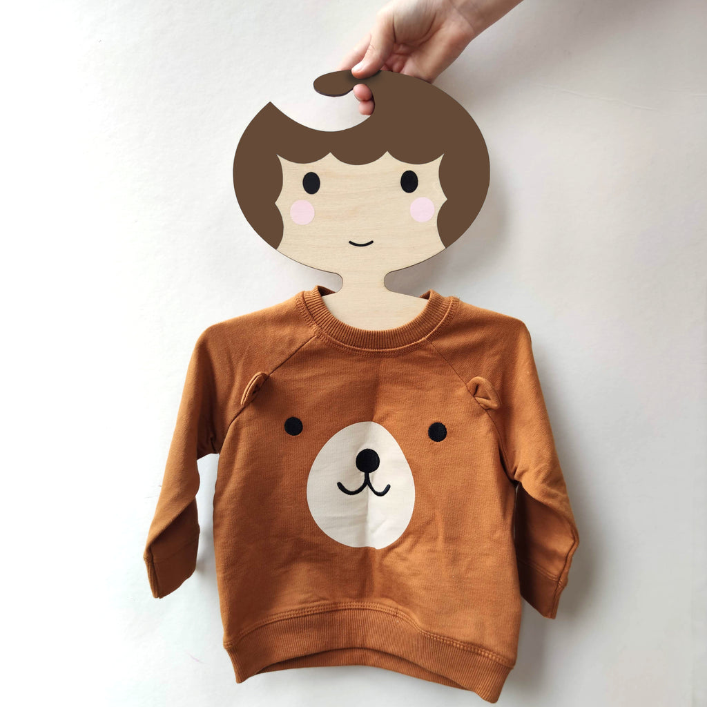 Childrens' Wooden Clothes Hanger - Girls' Face with brown scalloped Hair