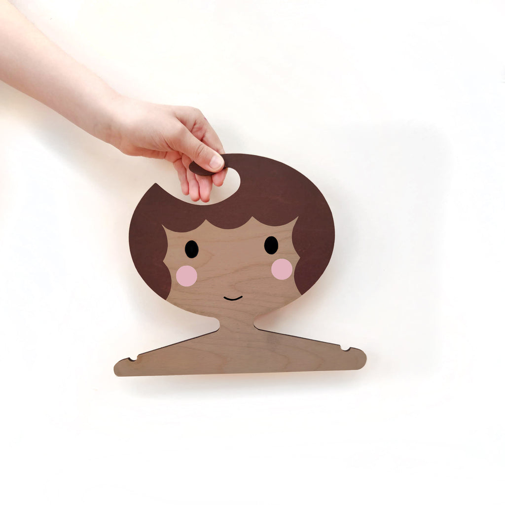 Childrens' Wooden Clothes Hanger - Girls' Face with brown scalloped Hair