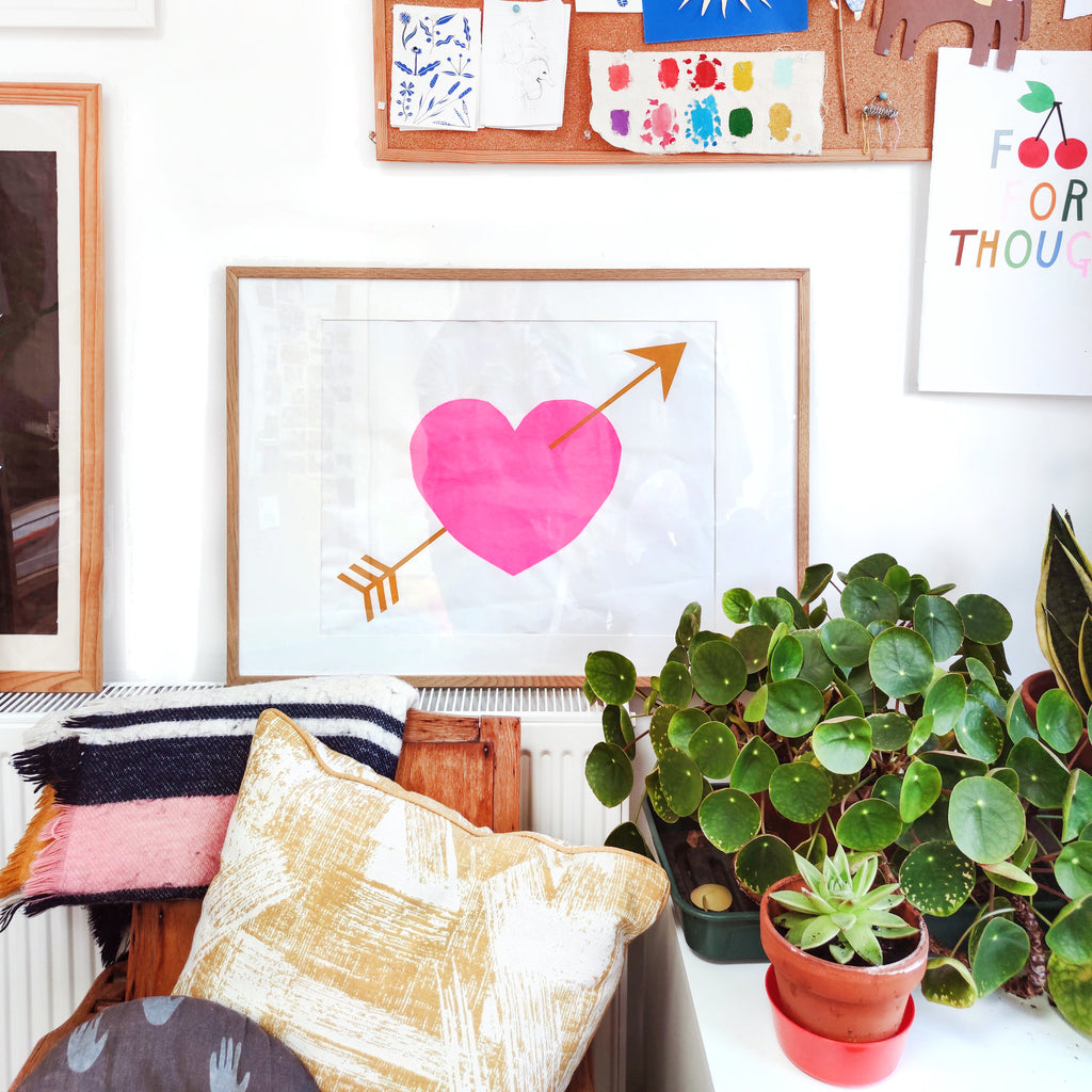 Bright Pink Heart and Arrow screen-print - 40 x 50cm