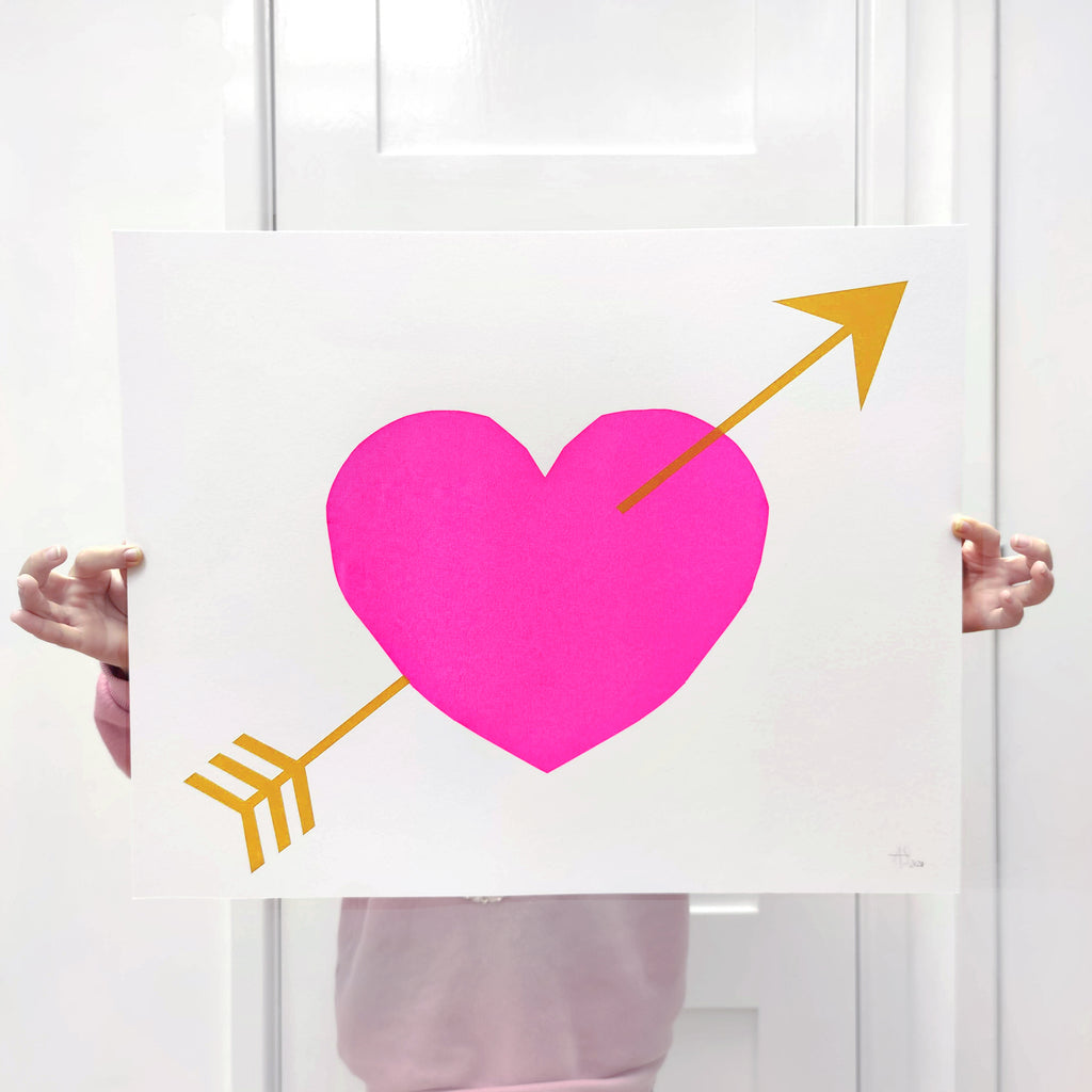 Bright Pink Heart and Arrow screen-print - 40 x 50cm