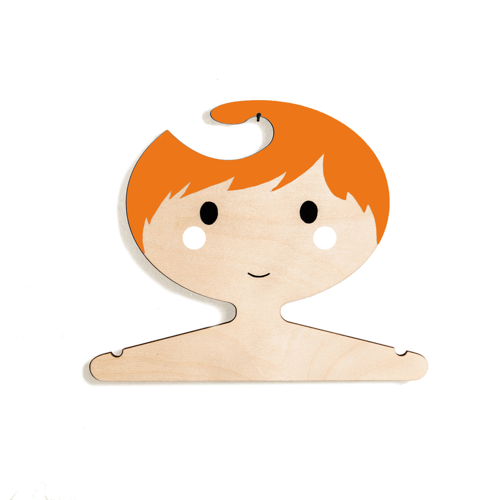 Wooden Clothes Hanger - Children's Face Design with Orange Short Hair